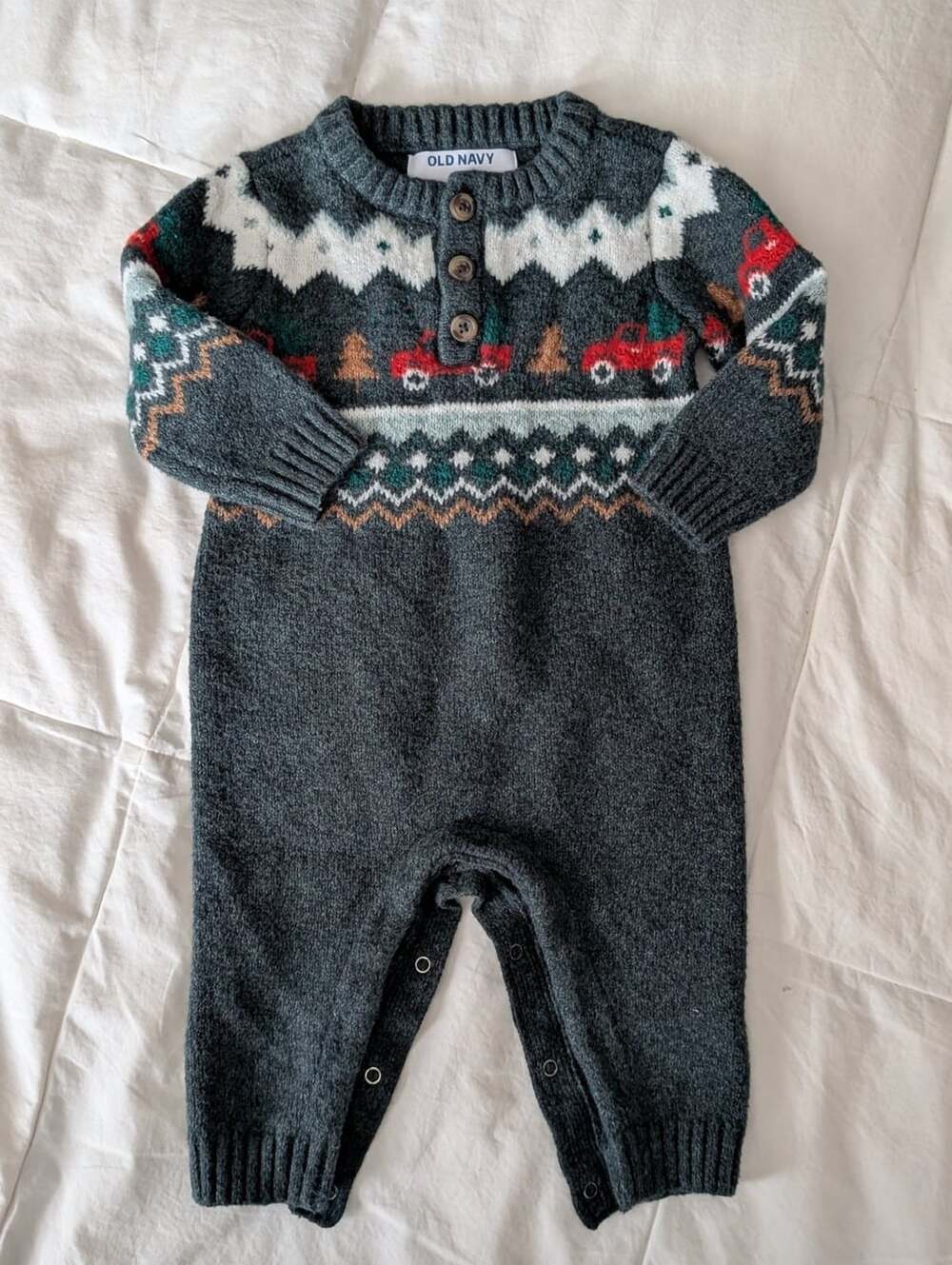 Old Navy Baby Green Fair Isle Red Truck Sweater Christmas One Piece 3-6M